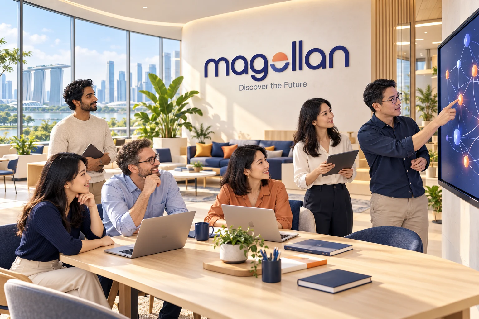 Brand illustration of an international team, including East Asian professionals, collaborating in a Magellan-branded office